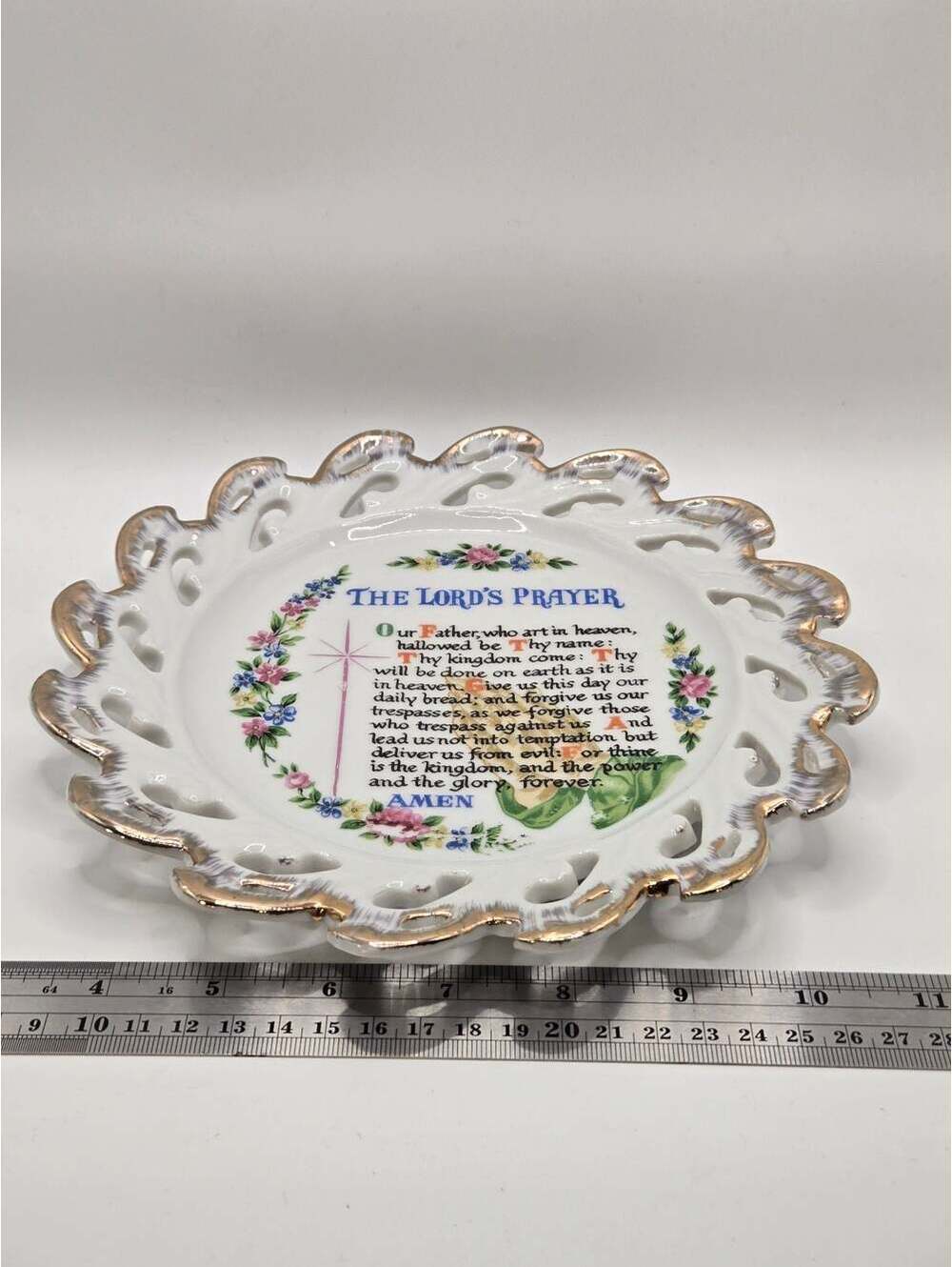 Vintage The Lord's Prayer Porcelain Decorative Plate with Gold Trim